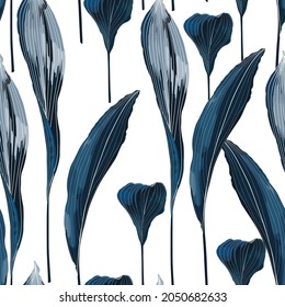 Exotic blue bright leaves seamless pattern on white background.