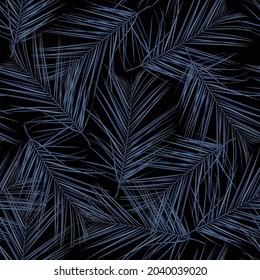 Exotic blue bright palm leaves seamless pattern on black background.