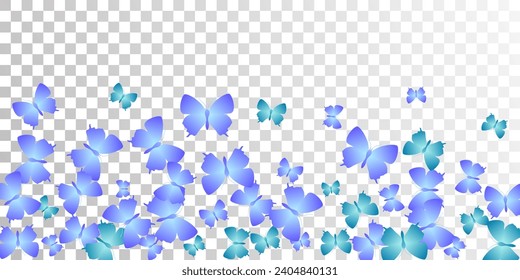 Papel de fondo vectorial de las mariposas azules voladoras exóticas. Insectos coloridos de primavera. Simple mariposas volando ilustración para niños. Diseño gráfico de las polillas de las alas suaves. Seres frágiles.