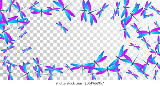 Fondo de Vector de dibujos animados de libélula púrpura azul exótico. Insectos de verano. Fondo de pantalla decorativo de dibujos animados de libélula para niños. Delicadas alas del Diseño gráfico de las moscas del diablo. Seres de jardín