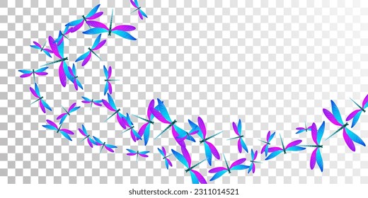 Exótica libélula violeta azul violeta aislada fondo vectorial. Los insectos divertidos de verano. Papel tapiz decorativo de libélula aislada para niños. Las alas de la licitación se ponen a patear. Criaturas frágiles