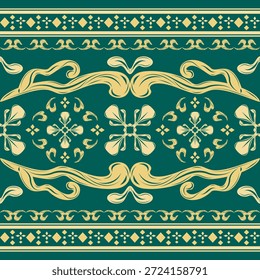Patrón de frontera exótico Hermosa seda dorada teje el ornamento del rollo con el concepto de mitología verde dorado. Creativa y caprichosa combinación de elementos de lujo de diamante geométrico dibujado a mano. Artesanía, Estampados, Encaje