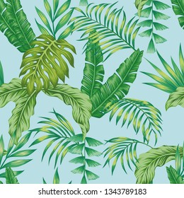 Exotic botanic vector green jungle seamless pattern on the blue background. Trendy art beach print wallpaper