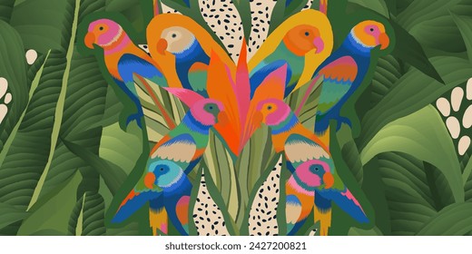 Exotic botanical abstract pattern with parrots. Colorful playful contemporary seamless pattern. Hand drawn unique print.