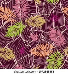 Exotic botanical background. Palm leaves illustration. Seamless pattern made of tropical lush foliage mixed with fantasy exotic sprigs. Graphic, detailed line drawing.