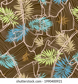 Exotic botanical background. Palm leaves illustration. Seamless pattern made of tropical lush foliage mixed with fantasy exotic sprigs. Graphic, detailed line drawing.