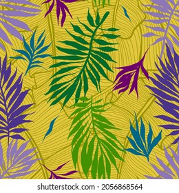 Exotic botanical background. Palm leaves illustration. Seamless pattern made of tropical lush foliage mixed with fantasy exotic sprigs. Graphic, detailed line drawing.