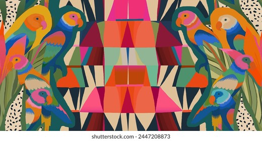 Exotic botanical geometric abstract pattern with parrots. Colorful dynamic contemporary seamless pattern. Hand drawn unique print.