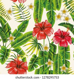 Exotic botanical pattern realistic green palm leaves and red hibiscus, white plumeria flowers seamless on the white background