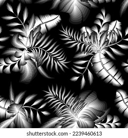 Exotic botanical plants illustration pattern with abstract tropical leaves on dark background. fashionable prints texture. tropical background. nature seamless decorative. jungle plants illustration
