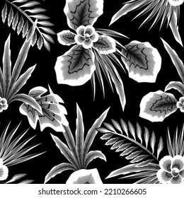 exotic botanical seamless pattern with tropical plants and leaves on black background. jungle plants ornaments. night background. nature wallpaper. vintage tropical seamless background. floral prints