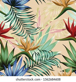 Exotic botanical vivid wallpaper multicolor realistic flat vector tropical flowers bird of paradise and foliage seamless pattern on the beige background