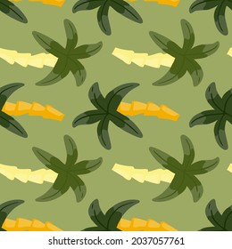 Exotic botany seamless pattern with green palm tree elements. Pastel background. Doodle style. Designed for fabric design, textile print, wrapping, cover. Vector illustration.