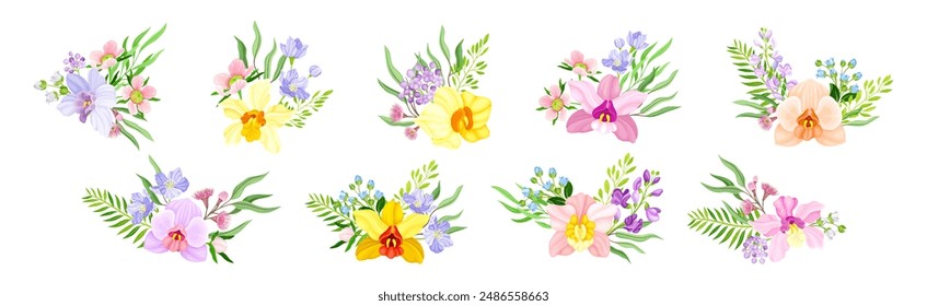 Exotic Bouquet of Orchid and Blooming Twig Vector Set