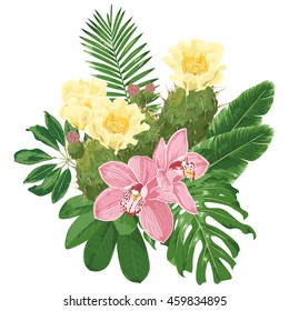 Exotic bouquet with pink orchids and blooming yellow prickly pear. Cacti, flowers and tropical leaves. Vector illustration isolated on white background