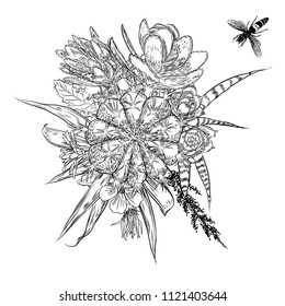 Exotic bouquet set with insects and bugs flying. Flowers. Floral collection with various plants. Sansevieria, snake plant, Red ginger, ostrich plume, pink cone, daisy, roses. Hand drawn. Vector.
