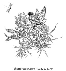 Exotic bouquet set with insects and bugs flying. Flowers. Floral collection with various plants. Sansevieria, snake plant, Red ginger, ostrich plume, pink cone, daisy, roses. Hand drawn. Vector.