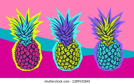 Exotic Bright colored Tropical pineapples in a Zine Culture style. Comic set, t-shirt composition, hand drawn style print. Vector illustration.