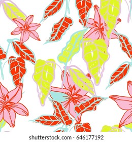 Exotic Bright Colors  Seamless Pattern with Plants .Vibrant Hand Drawn  Positive Wallpaper .Pop Art Bohemian Background with Flowers  and Palm Lives for Design , Fashion or Advertising 