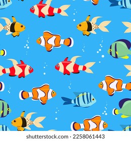Pescado exótico brillante sin fisuras. Pescado marino vectorial de estilo plano. Vida marina.
