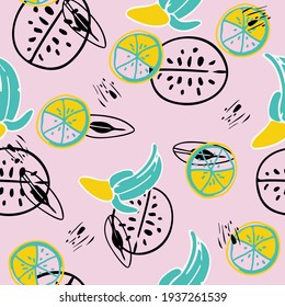 Exotic bright seamless background from bananas and lemons. Fruit picking. Vector illustration of fruits for design of menus, recipes and product packages.