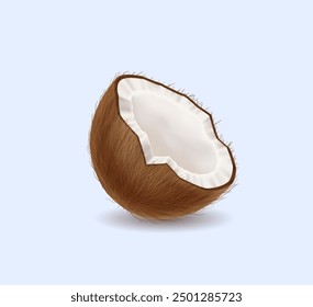 Exotic broken coconut half realistic vector illustration. Delicious dessert with fresh pulp. Delicacy snack 3d object on light background