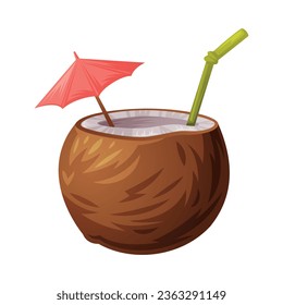 Exotic Brown Coconut Cocktail with Straw and Umbrella Vector Illustration