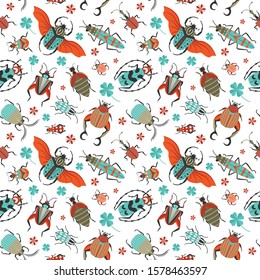 Exotic bugs pattern with Goliath beetle, Rosalia longhorn, scarab and frog-legged beetle. Seamless entomology background with unusual insect elements for prints, fabric and gift wrapping paper.
