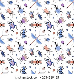 Exotic bugs pattern with Goliath beetle, Rosalia longhorn, scarab and frog-legged beetle. Seamless entomology background with retro insect elements for prints, fabric and gift wrapping paper.