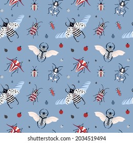 Exotic bugs pattern with Goliath beetle, Rosalia longhorn, scarab and frog-legged beetle. Seamless entomology background with retro insect elements for prints, fabric and gift wrapping paper.