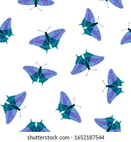 Exotic butterflies bright seamless pattern. Textile print with flying insect. Tropical butterflies vector background. Summer kids fashion seamless pattern. Spring fantasy design. 