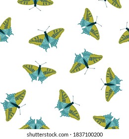Exotic butterflies cute seamless pattern. Fabric print with flying insect. Tropical butterflies vector wallpaper. Summer kids fashion seamless pattern. Spring fantasy design. 