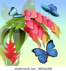 exotic butterflies flying over tropical flowers