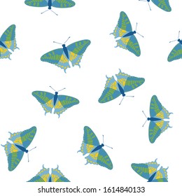 Exotic butterflies rustic seamless pattern. Fabric print with flying insect. Tropical butterflies vector illustration. Summer baby fashion seamless pattern. Holiday design. 