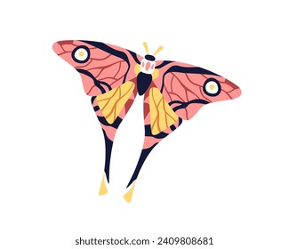 Exotic butterfly flying. Beautiful tropical moth with colorful wings. Summer insect with tail and antennae. Fancy fauna species. Flat graphic vector illustration isolated on white background