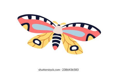 Exótica mariposa volando. Masa tropical con bellas alas de colores. Infecto multicolor primavera y verano. Especies de fauna abstractas. Ilustración vectorial gráfica plana aislada en fondo blanco