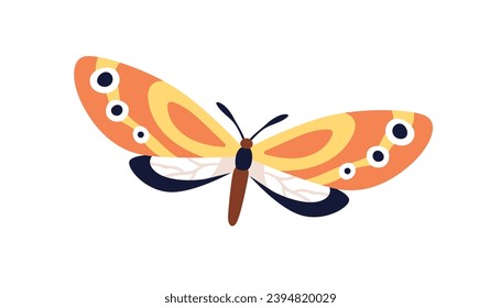 Exotic butterfly flying. Tropical moth with beautiful colorful wings. Summer insect flies. Abstract fauna species, top view. Flat graphic vector illustration isolated on white background