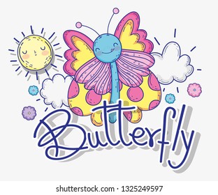 exotic butterfly insect with sun and clouds