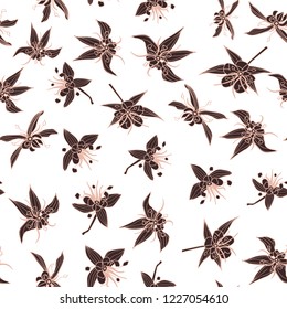 Exotic cacao tree flowers seamless vector pattern background. Great for fabric, packaging, home decor, wallpaper and more.