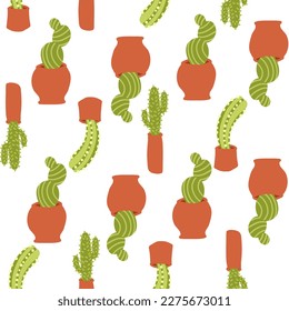 Exotic cacti hand drawn pattern. Colorful print is great for textiles. Botanical plants. Fabric wrapping wallpaper for gift. Vector illustration in cartoon flat style isolated on white background.