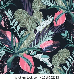 Exotic cacti, pink liana branches, agave and many kinds of plant seamless pattern. Black background.