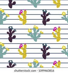Exotic cactus seamless pattern modern print with stripes.