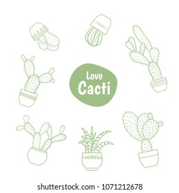 Exotic cactus succulent flower species. Potted cacti houseplants collection. Green outline sketch doodle line design drawing. Isolated object on white background. Love cacti title text placeholder.