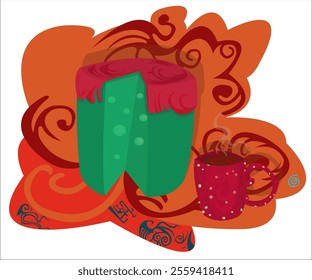 An exotic cake with bubbles and a trendy cup of hot tea; vintage, funky background. This cartoon illustration can be used for cafes, bars, taverns and creative, gourmet restaurants. Vector, isolated.