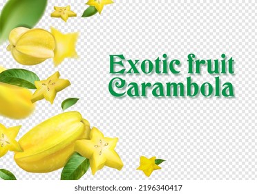 Exotic carambola fruit with green leaves. Vector illustration.