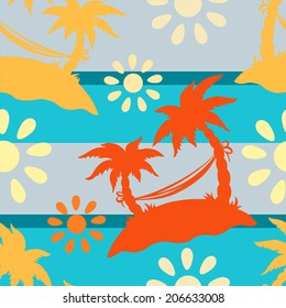 Exotic caribbean seamless pattern with silhouettes tropical coconut palm trees, sun, hammock. Summer, sea, island. Endless print repeating texture. Striped background. Wallpaper - vector