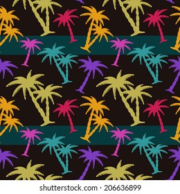 Exotic caribbean seamless pattern with silhouettes tropical coconut palm trees. Summer, sea. Endless print repeating texture. Striped background. Wallpaper - vector