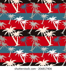 Exotic Caribbean seamless pattern with silhouettes tropical coconut palm trees. Summer, beach holidays. Endless print repeating texture. Striped background. Wallpaper - vector