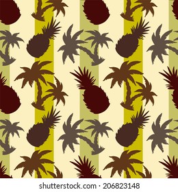 Exotic Caribbean seamless pattern with silhouettes tropical coconut palm trees and pineapples. Summer, fruits, beach holidays. Endless print repeating texture. Striped background. Wallpaper - vector