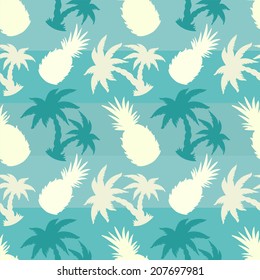 Exotic caribbean seamless pattern with silhouettes tropical coconut palm trees and pineapples. Summer, fruits, beach holidays. Endless print repeating texture. Striped background. Wallpaper - vector